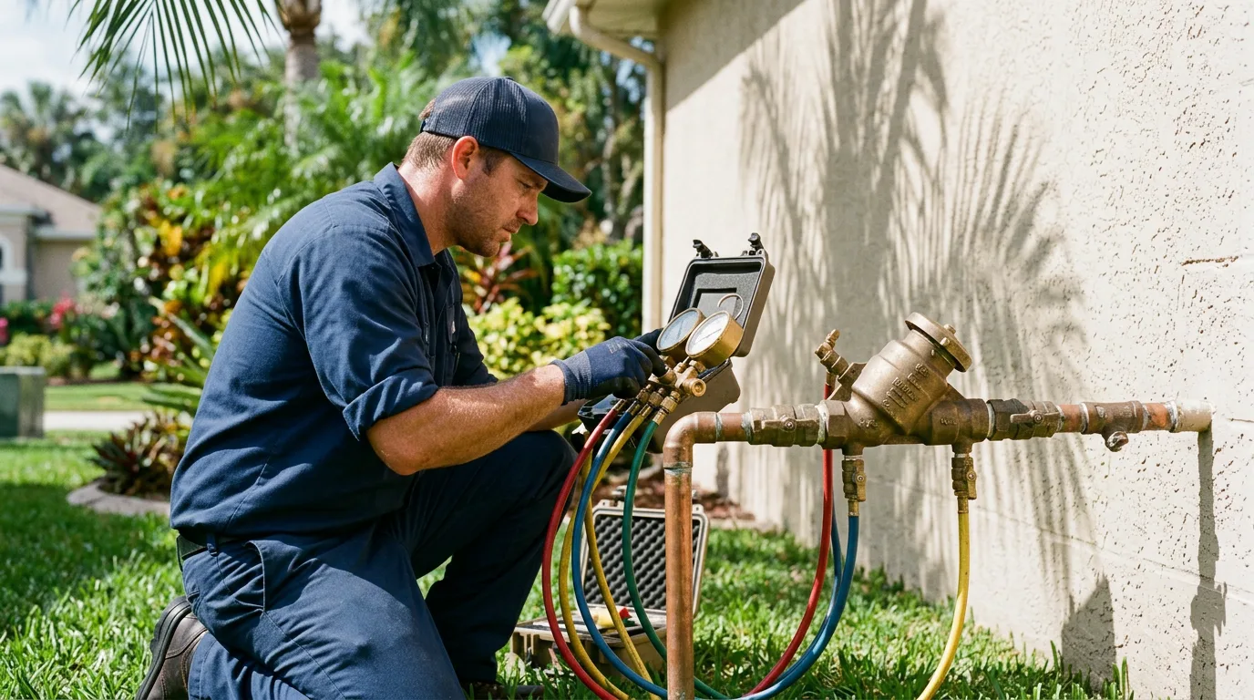 Certified plumber testing a brass backflow prevention assembly outside a Florida home