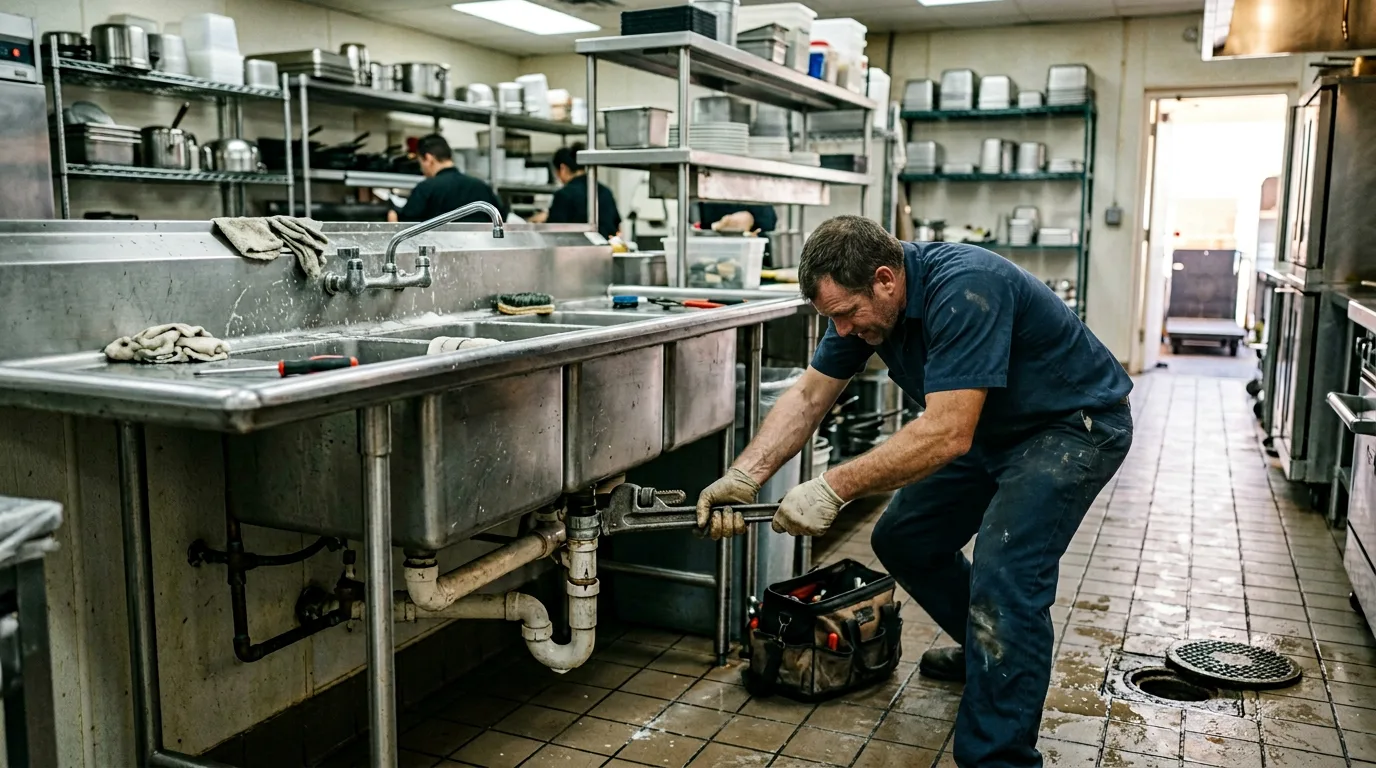Plumber working on commercial kitchen drain lines in a Florida restaurant