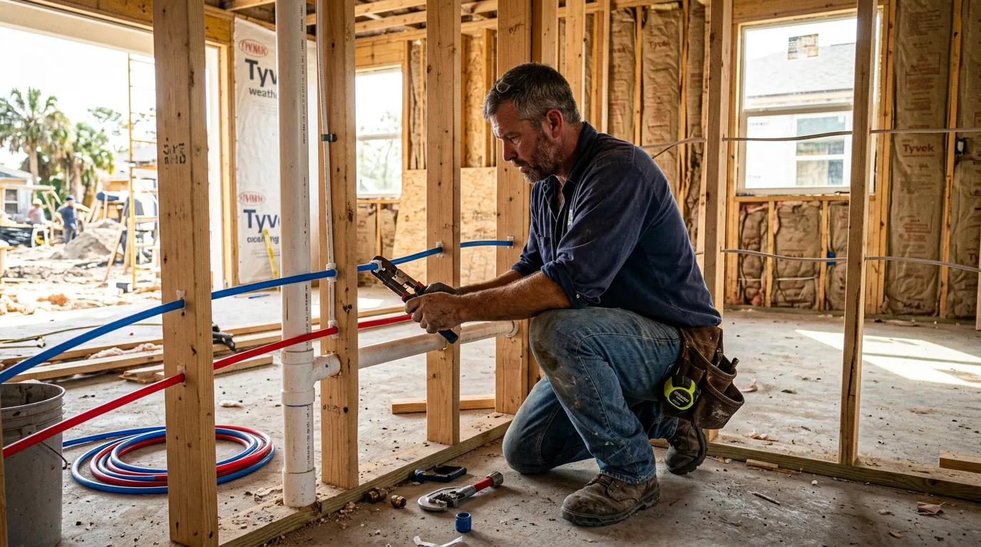 Plumber roughing in PEX and PVC drain lines during new construction of a Florida home