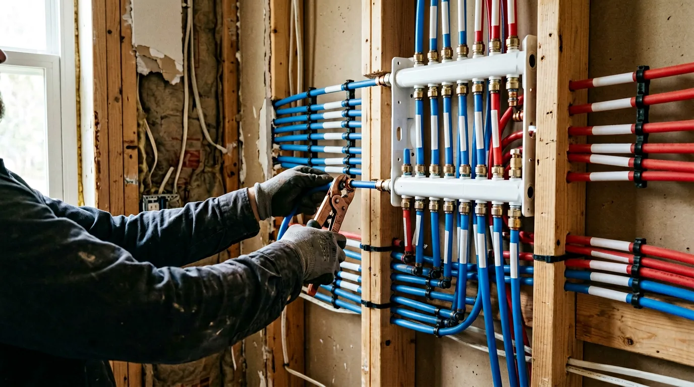 Neat PEX manifold installation with blue and red PEX lines during a whole-home repipe