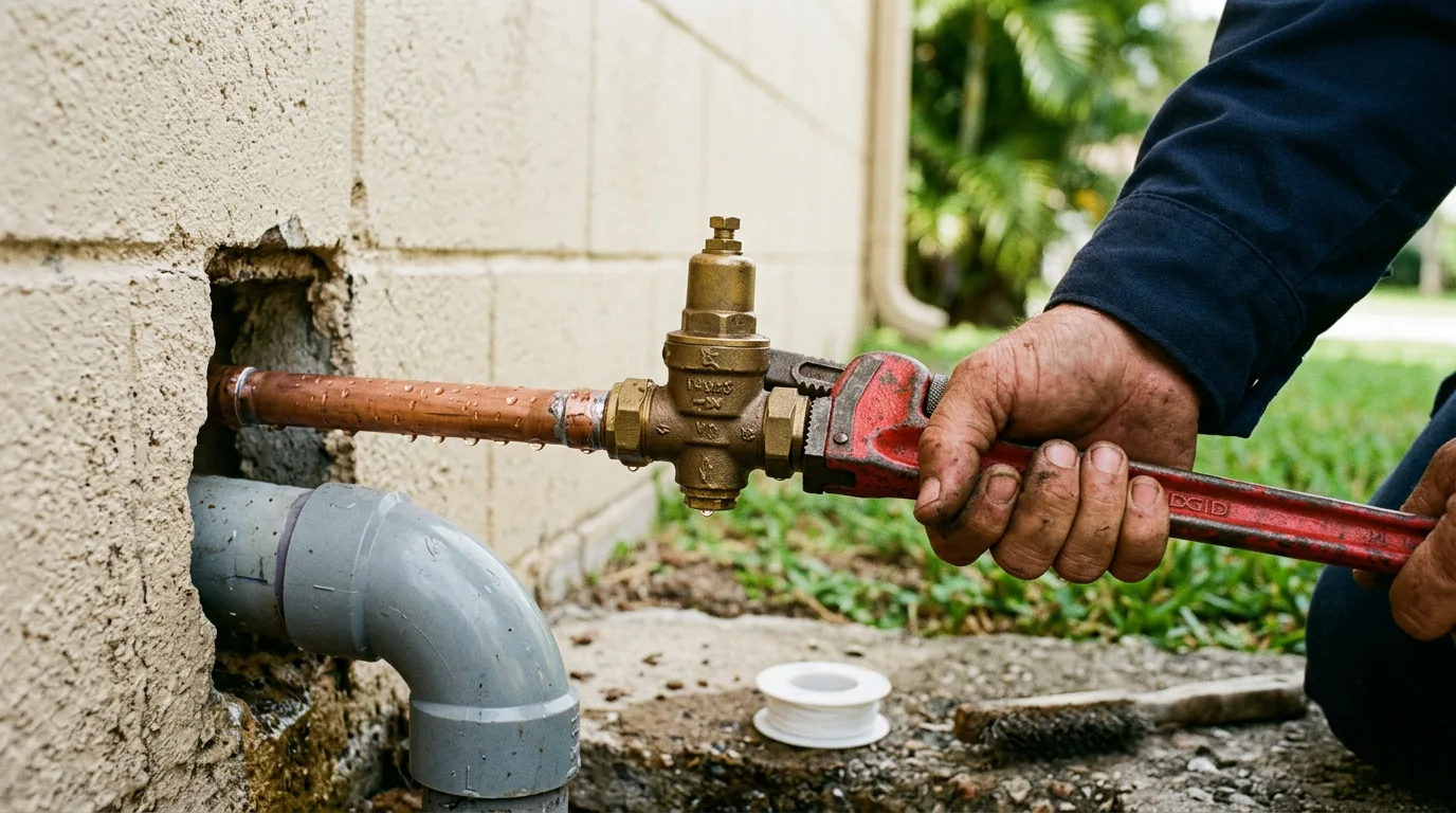 Close-up of plumber tightening a brass pressure-reducing valve on a copper water line