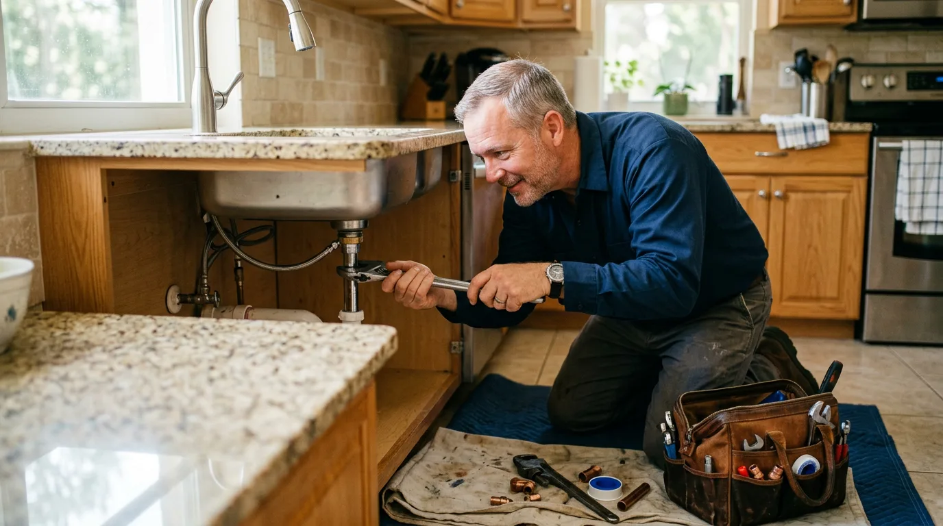 Plumber servicing a supply line under a residential kitchen sink